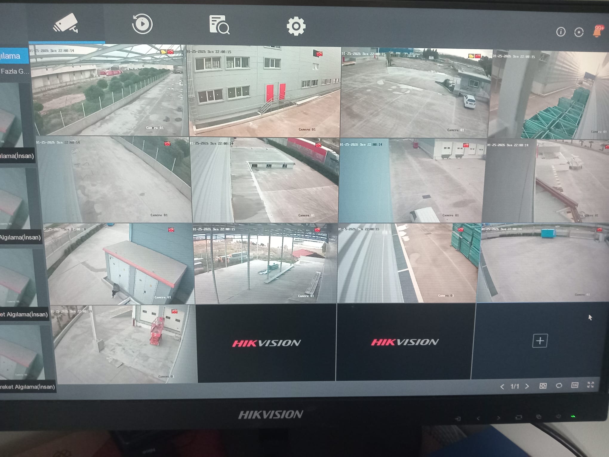 Eröz İnşaat kampüs CCTV merkezi izleme ekranı — Colga Bilişim